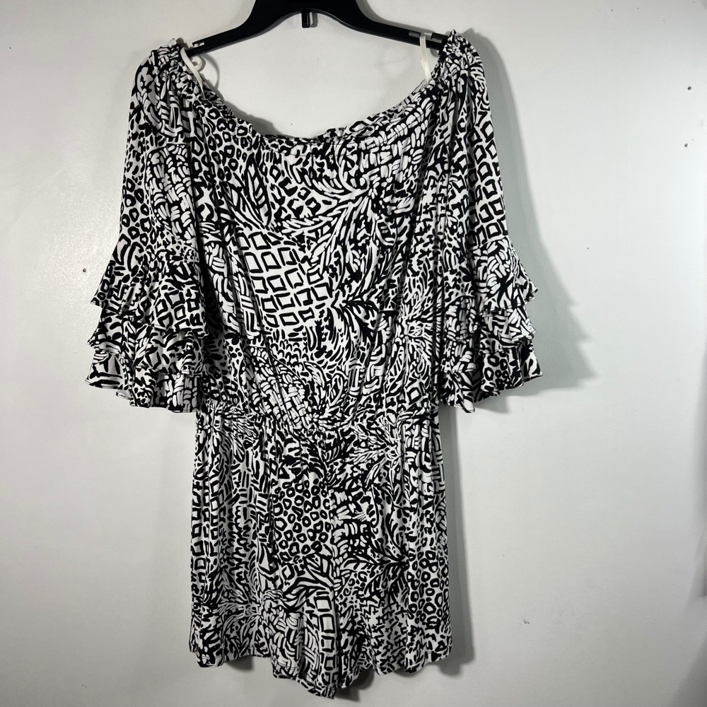 Lilly Pulitzer Calla Romper Ruffle Sleeve Onyx Home Slice Black White M